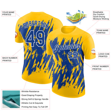 Custom Yellow Royal-White Torn Sharp Brush Stroke Splatter Performance T-Shirt