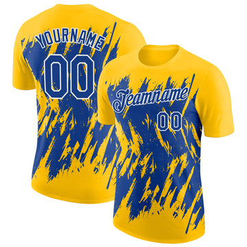 Custom Yellow Royal-White Torn Sharp Brush Stroke Splatter Performance T-Shirt