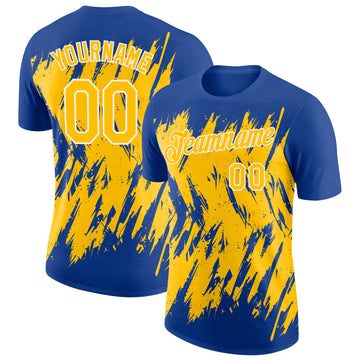 Custom Royal Yellow-White Torn Sharp Brush Stroke Splatter Performance T-Shirt