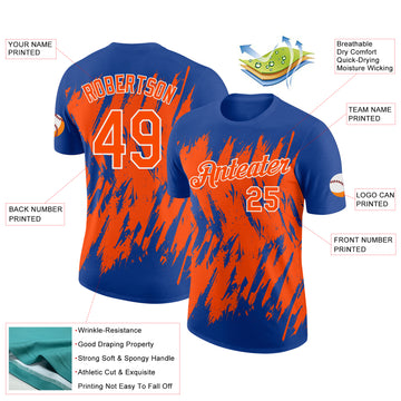 Custom Royal Orange-White Torn Sharp Brush Stroke Splatter Performance T-Shirt