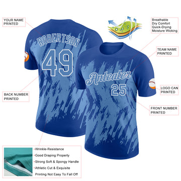 Custom Royal Light Blue-White Torn Sharp Brush Stroke Splatter Performance T-Shirt