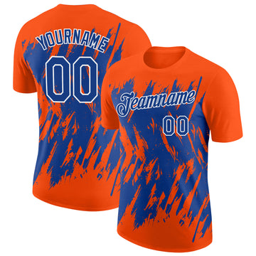 Custom Orange Royal-White Torn Sharp Brush Stroke Splatter Performance T-Shirt