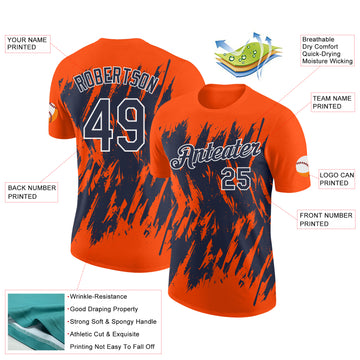 Custom Orange Navy-White Torn Sharp Brush Stroke Splatter Performance T-Shirt
