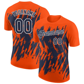 Custom Orange Navy-White Torn Sharp Brush Stroke Splatter Performance T-Shirt