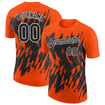 Custom Orange Black-White Torn Sharp Brush Stroke Splatter Performance T-Shirt