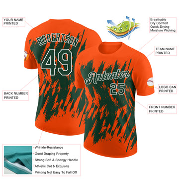 Custom Orange Green-White Torn Sharp Brush Stroke Splatter Performance T-Shirt