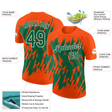 Custom Orange Kelly Green-White Torn Sharp Brush Stroke Splatter Performance T-Shirt