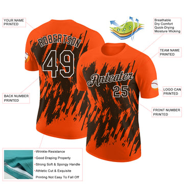Custom Orange Brown-White Torn Sharp Brush Stroke Splatter Performance T-Shirt