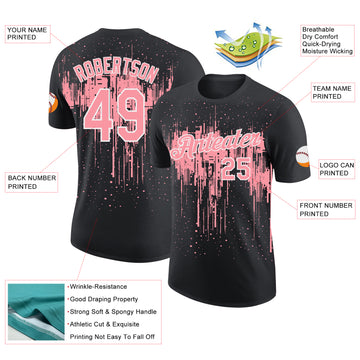 Custom Black Medium Pink-White Dripping Splatter Paint Performance T-Shirt