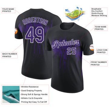 Custom Black Purple-White Dripping Splatter Paint Performance T-Shirt
