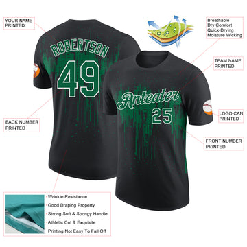 Custom Black Kelly Green-White Dripping Splatter Paint Performance T-Shirt