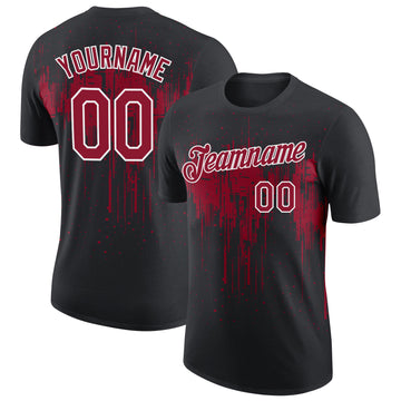 Custom Black Crimson-White Dripping Splatter Paint Performance T-Shirt