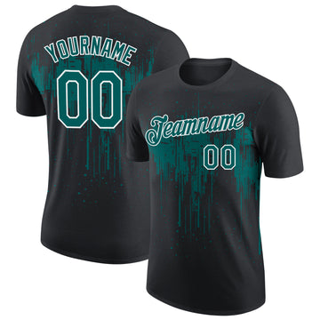 Custom Black Teal-White Dripping Splatter Paint Performance T-Shirt