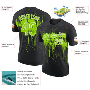 Custom Black Neon Green-White Dripping Splatter Paint Performance T-Shirt