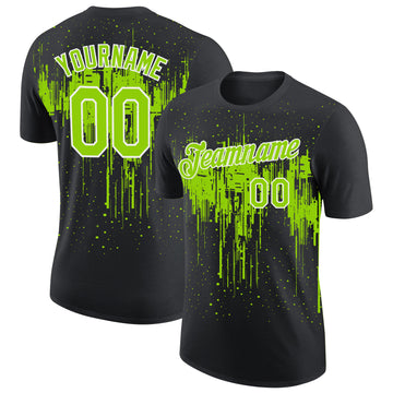 Custom Black Neon Green-White Dripping Splatter Paint Performance T-Shirt
