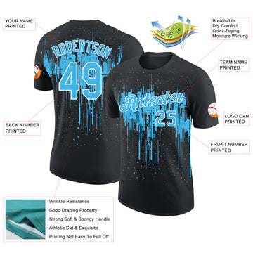 Custom Black Sky Blue-White Dripping Splatter Paint Performance T-Shirt
