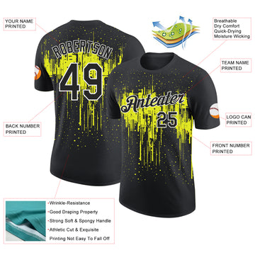 Custom Black Neon Yellow-White Dripping Splatter Paint Performance T-Shirt