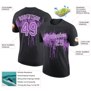 Custom Black Medium Purple-White Dripping Splatter Paint Performance T-Shirt