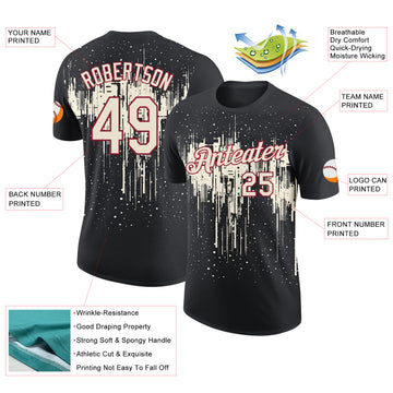 Custom Black Cream-Crimson Dripping Splatter Paint Performance T-Shirt