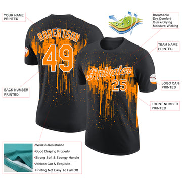 Custom Black Bay Orange-White Dripping Splatter Paint Performance T-Shirt