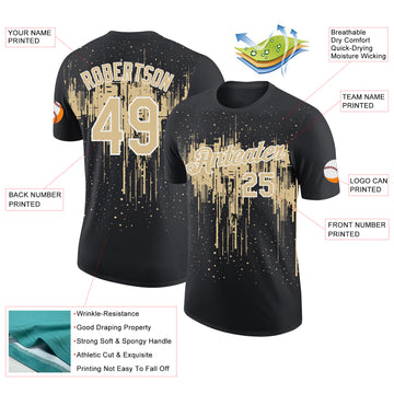 Custom Black Vegas Gold-White Dripping Splatter Paint Performance T-Shirt