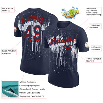 Custom Navy White-Red Dripping Splatter Paint Performance T-Shirt