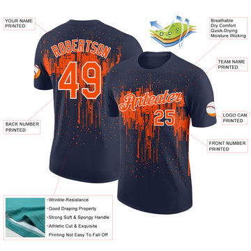 Custom Navy Orange-White Dripping Splatter Paint Performance T-Shirt