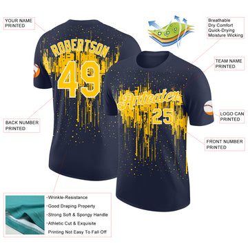 Custom Navy Yellow-White Dripping Splatter Paint Performance T-Shirt