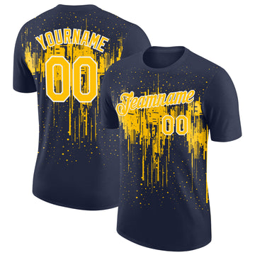 Custom Navy Yellow-White Dripping Splatter Paint Performance T-Shirt