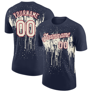 Custom Navy Cream-Crimson Dripping Splatter Paint Performance T-Shirt