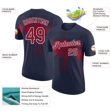 Custom Navy Crimson-White Dripping Splatter Paint Performance T-Shirt