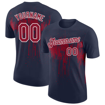Custom Navy Crimson-White Dripping Splatter Paint Performance T-Shirt