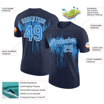 Custom Navy Powder Blue-White Dripping Splatter Paint Performance T-Shirt
