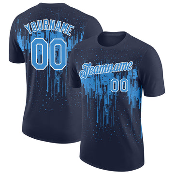 Custom Navy Powder Blue-White Dripping Splatter Paint Performance T-Shirt