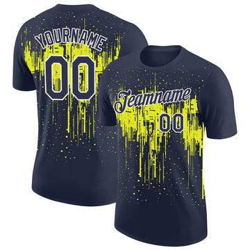 Custom Navy Neon Yellow-White Dripping Splatter Paint Performance T-Shirt