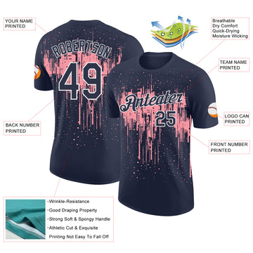 Custom Navy Medium Pink-White Dripping Splatter Paint Performance T-Shirt