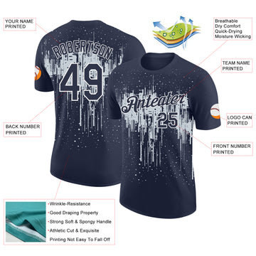 Custom Navy Silver-White Dripping Splatter Paint Performance T-Shirt