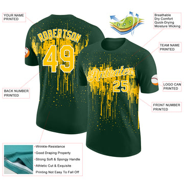 Custom Green Yellow-White Dripping Splatter Paint Performance T-Shirt