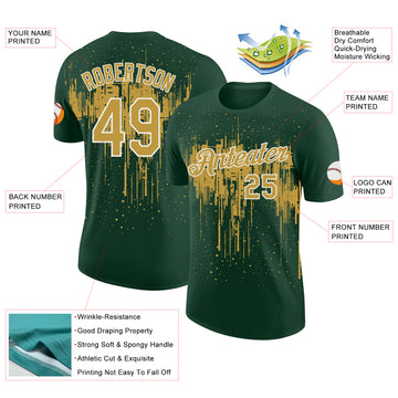 Custom Green Old Gold-White Dripping Splatter Paint Performance T-Shirt