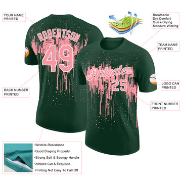 Custom Green Medium Pink-White Dripping Splatter Paint Performance T-Shirt