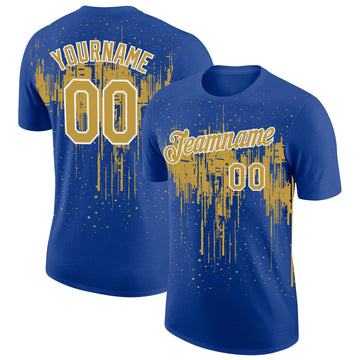 Custom Royal Old Gold-White Dripping Splatter Paint Performance T-Shirt
