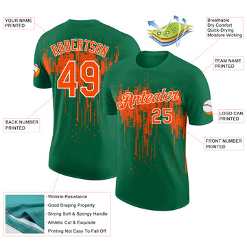 Custom Kelly Green Orange-White Dripping Splatter Paint Performance T-Shirt