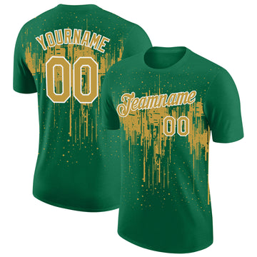 Custom Kelly Green Old Gold-White Dripping Splatter Paint Performance T-Shirt