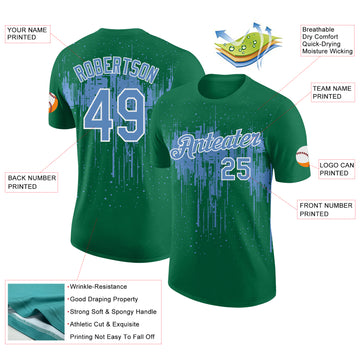 Custom Kelly Green Light Blue-White Dripping Splatter Paint Performance T-Shirt
