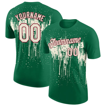 Custom Kelly Green Cream-Crimson Dripping Splatter Paint Performance T-Shirt