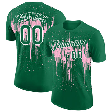 Custom Kelly Green Light Pink-White Dripping Splatter Paint Performance T-Shirt