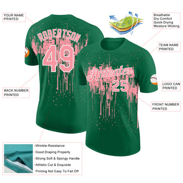 Custom Kelly Green Medium Pink-White Dripping Splatter Paint Performance T-Shirt
