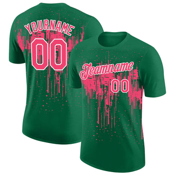 Custom Kelly Green Neon Pink-White Dripping Splatter Paint Performance T-Shirt
