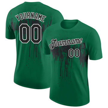 Custom Kelly Green Black-White Dripping Splatter Paint Performance T-Shirt