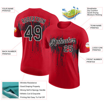 Custom Red Black-White Dripping Splatter Paint Performance T-Shirt